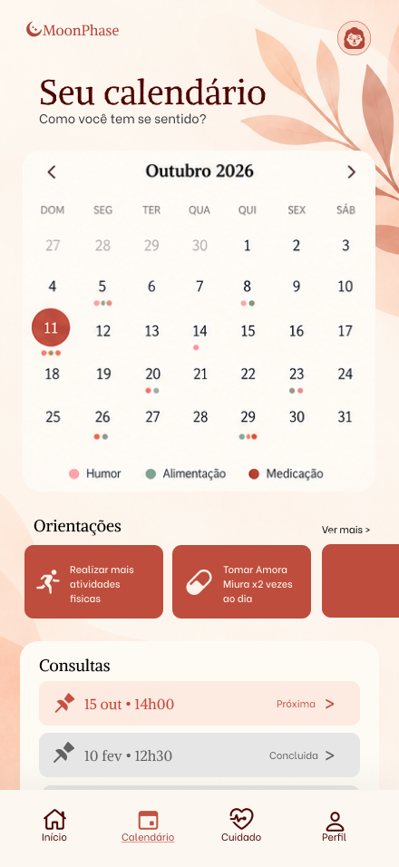 Prévia do calendário da paciente na Moonphase, com registros do dia e consultas